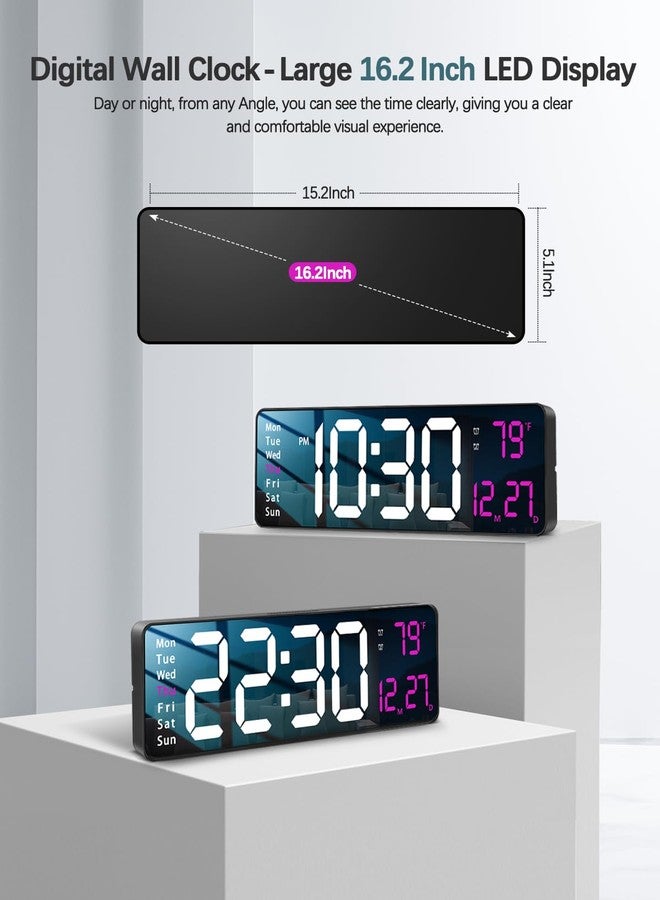JoFomp Modern 16" Large Digital Wall Clock with Remote Control, LED Display, Auto-Dimming, Countdown, Temperature, Calendar - 12/24Hr Format - Silent Wall Clock for Home, Office, or Gym Use (Pink) - Image 2