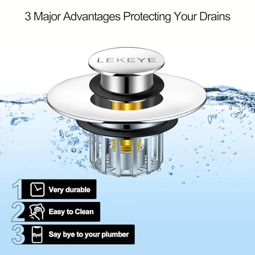 LEKEYE Tub Stopper | Shower Drain Hair Catcher | Pop-up Drain Stopper with Strainer | Bathroom Bathtub Plug | Drain Protector for 1-1/2 to 1-3/4" Bath Drain Hole - Image 3