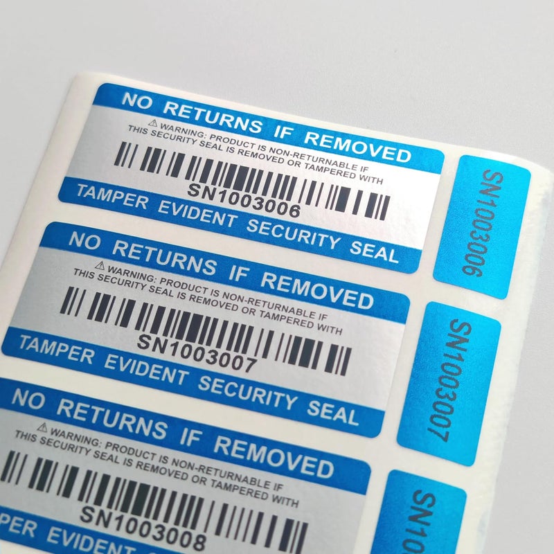ILMBVM 120pcs Tamper Proof Barcode Stickers,Security Label, Warranty Void Sticker with Double Individual Serial Number,Tamper Evident Sealing Label for Package(2x0.8 inches,Blue) - Image 1