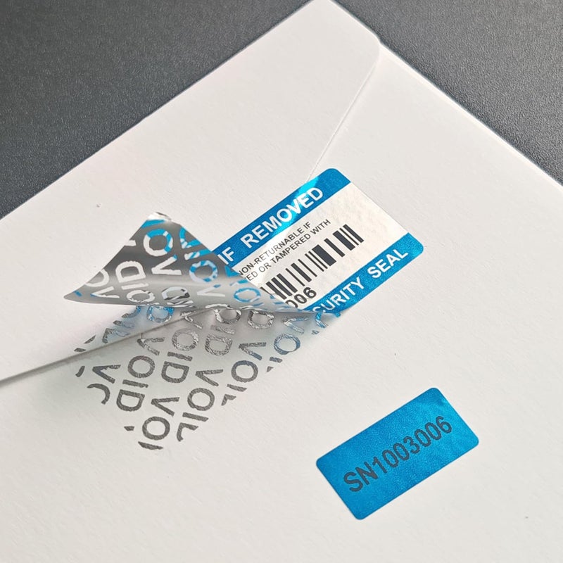 ILMBVM 120pcs Tamper Proof Barcode Stickers,Security Label, Warranty Void Sticker with Double Individual Serial Number,Tamper Evident Sealing Label for Package(2x0.8 inches,Blue) - Image 4