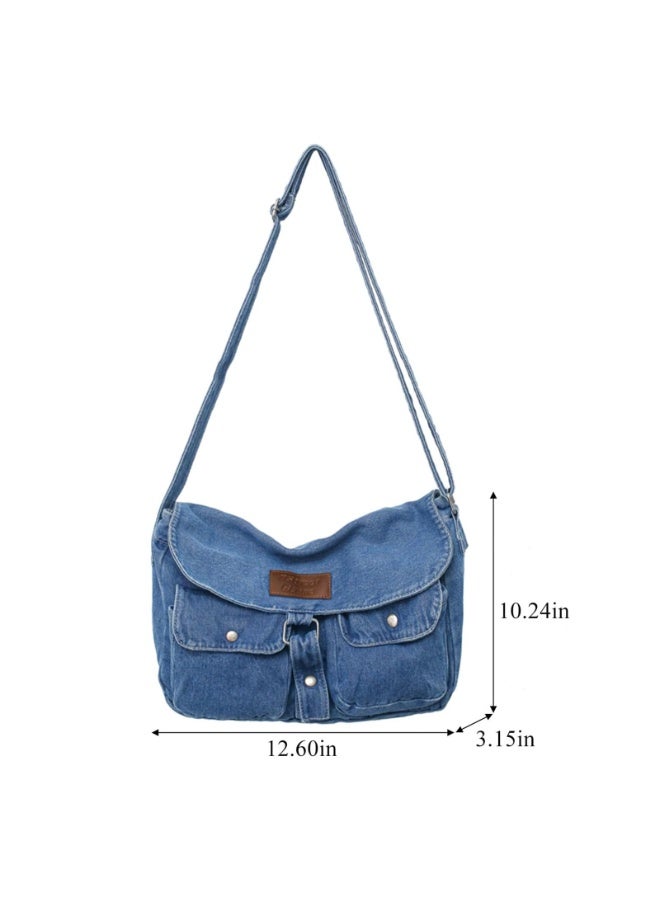 Washed Denim Messenger Crossbody Bag for Women with Adjustable Strap, Blue - Image 4