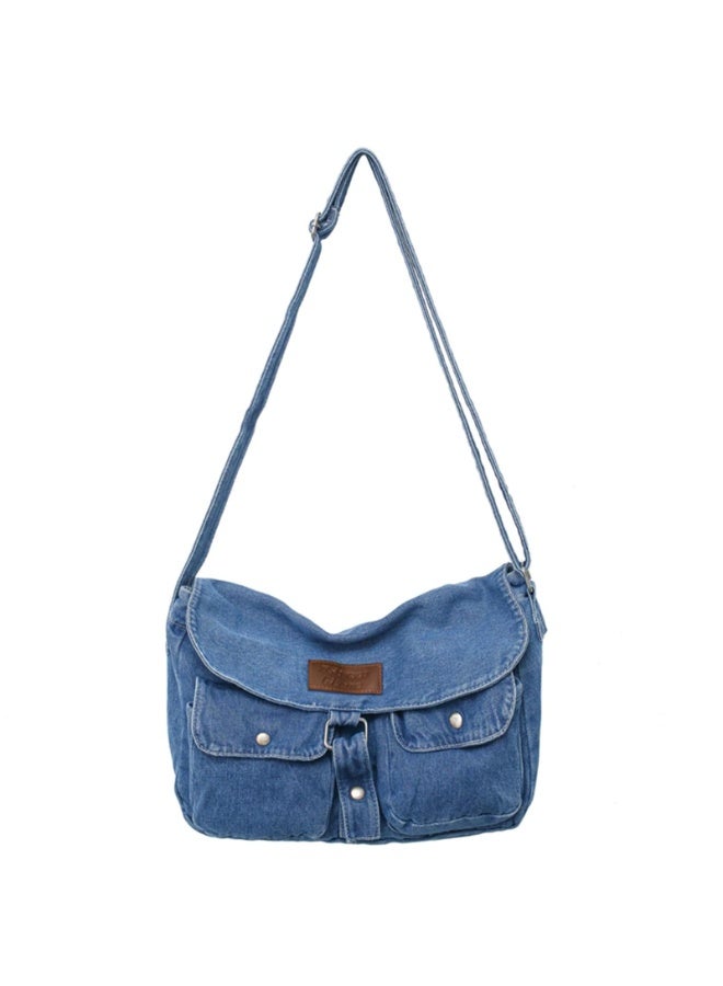 Washed Denim Messenger Crossbody Bag for Women with Adjustable Strap, Blue - Image 1