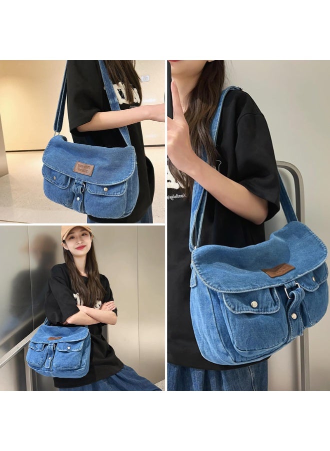 Washed Denim Messenger Crossbody Bag for Women with Adjustable Strap, Blue - Image 5