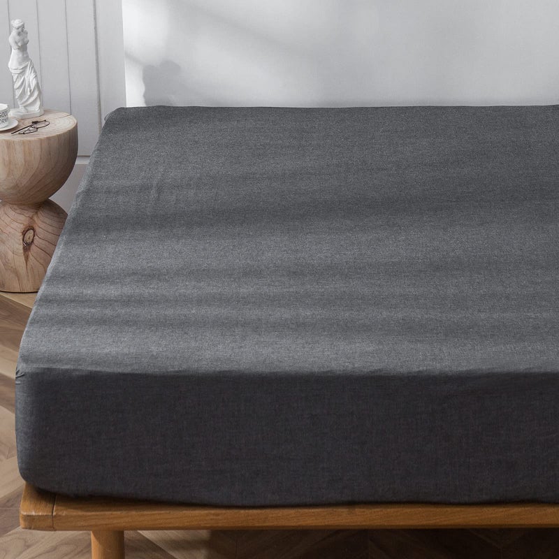 MooMee Fitted Bottom Sheet Only 100% Washed Cotton Linen Like Textured Breathable Durable Soft Comfy Deep Pocket Fits Mattress up to 17"" (Dark Grey  King) - Image 2
