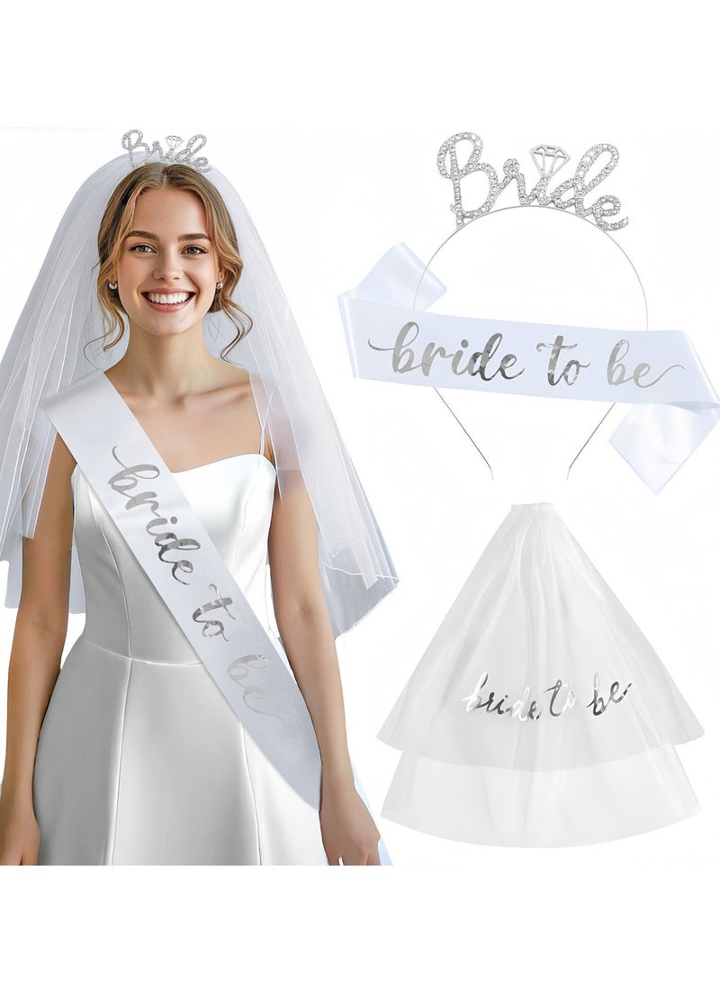Balloon World 3Pcs Bride To Be Printed Sash,Shoulder Length Veil with Comb, Rhinestone Tiara Party Set for Hen Bachelorette Bridal Shower Wedding Party Favor Decorations Supplies - Image 1