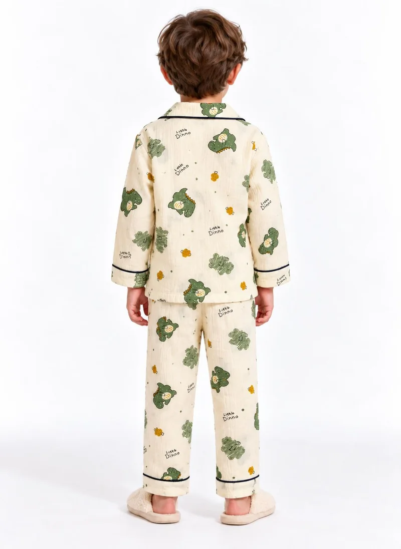 Babyqlo Boys Green Dinosaur Print Muslin Cotton Nightwear Set