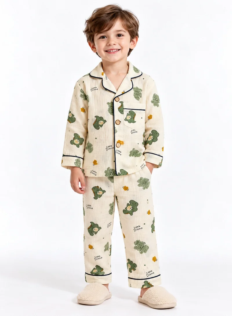 Babyqlo Boys Green Dinosaur Print Muslin Cotton Nightwear Set