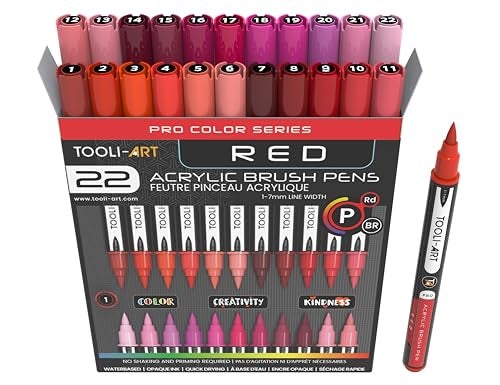 TOOLI-ART 22 Flexible Brush Tip Acrylic Paint Pens Markers Set 1-7mm Line for Rock Painting, Brush Lettering, Glass, Mugs, Wood, Metal, Canvas, Fabric, Plastic. Non Toxic Waterbased Quick Drying Assorted Red - Image 1