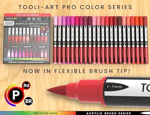 TOOLI-ART 22 Flexible Brush Tip Acrylic Paint Pens Markers Set 1-7mm Line for Rock Painting, Brush Lettering, Glass, Mugs, Wood, Metal, Canvas, Fabric, Plastic. Non Toxic Waterbased Quick Drying Assorted Red - Image 2