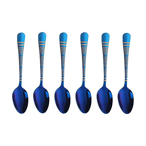 BISDARUN Blue Unique Pattern Design Coffee Espresso Spoons Mini, Mingcheng Stainless Steel Small Teaspoons Silverware Set of 6, BISDARUN 5.5 Inches Food Spoons for Demitasse Dessert Tea - Image 1