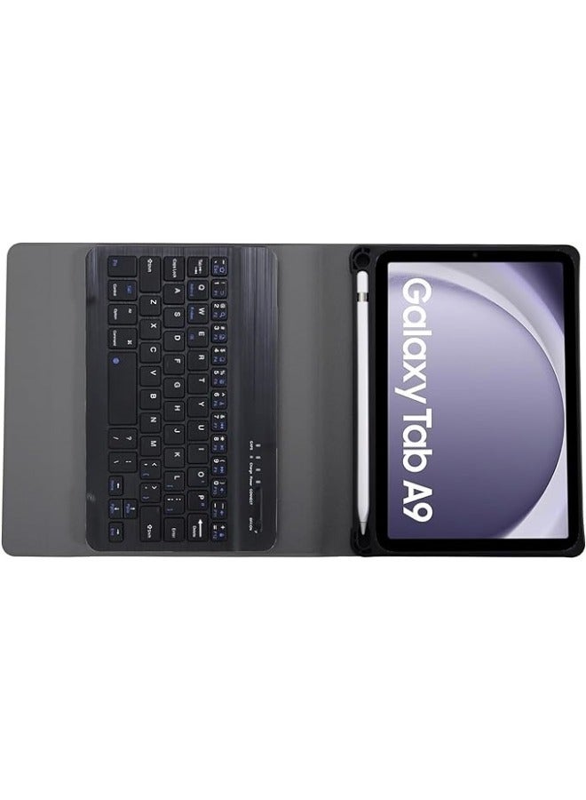 غطاء لوحة المفاتيح العربية متوافق مع جهاز سامسونج Galaxy Tab A9 8.7 بوصة (SM-X110/X115) قابل للفصل، يحتوي على PU الرفيع ولوحة مفاتيح لاسلكية قابلة للفصل حامل للقلم لجهاز A9. - Image 3
