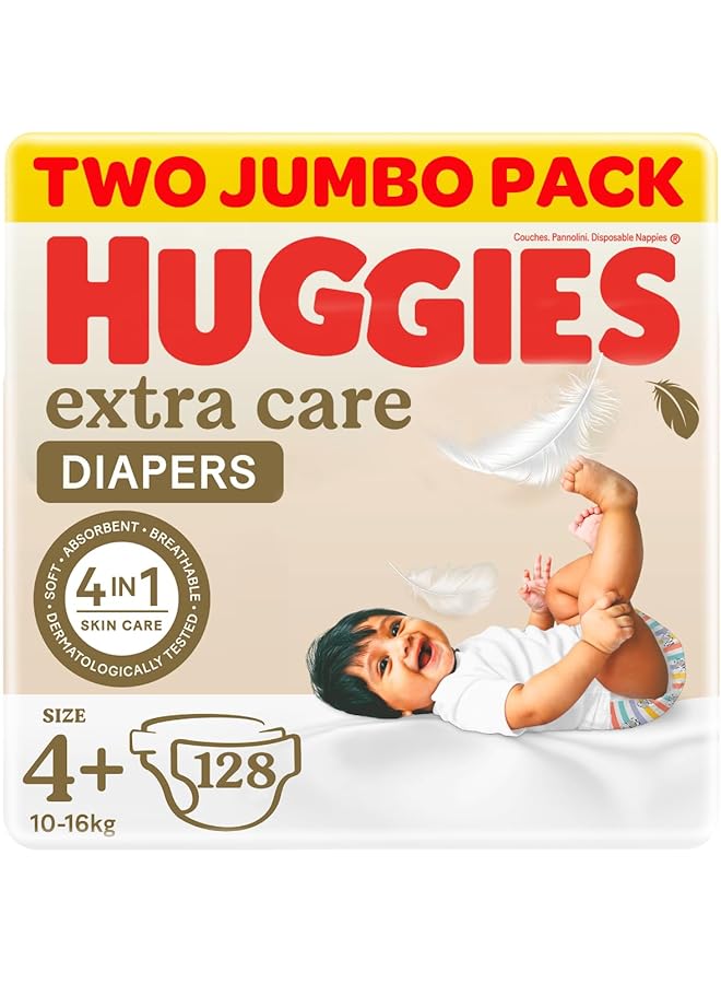 HUGGIES Extra Care Size 4+ 10 16 Kg Twin Jumbo Pack 128 Diapers - Image 1