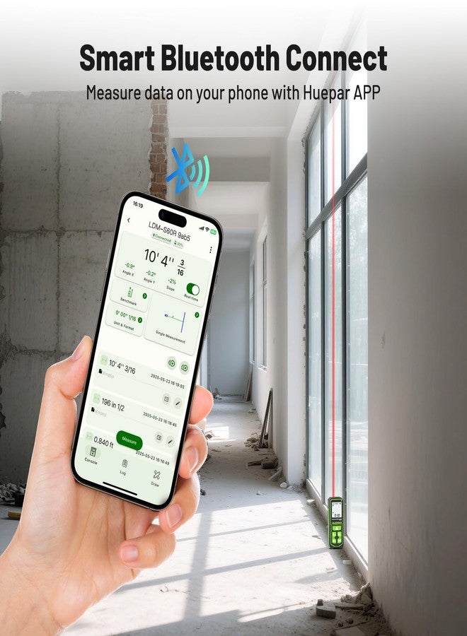Huepar Laser Distance Measure 200Ft. Digital Rechargeable Laser Measuring Tool with Bluetooth -Phone APP, 1/16in Accuracy, Angle Sensor, M/in/Ft Unit, Pythagorean Mode, Measure Distance, Area, Volume - Image 2