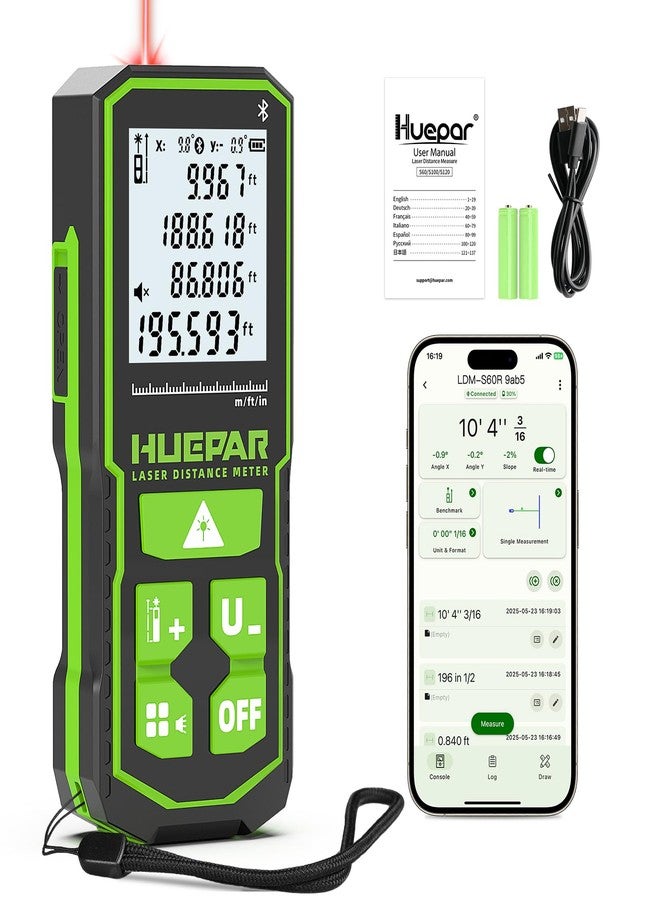 Huepar Laser Distance Measure 200Ft. Digital Rechargeable Laser Measuring Tool with Bluetooth -Phone APP, 1/16in Accuracy, Angle Sensor, M/in/Ft Unit, Pythagorean Mode, Measure Distance, Area, Volume - Image 1