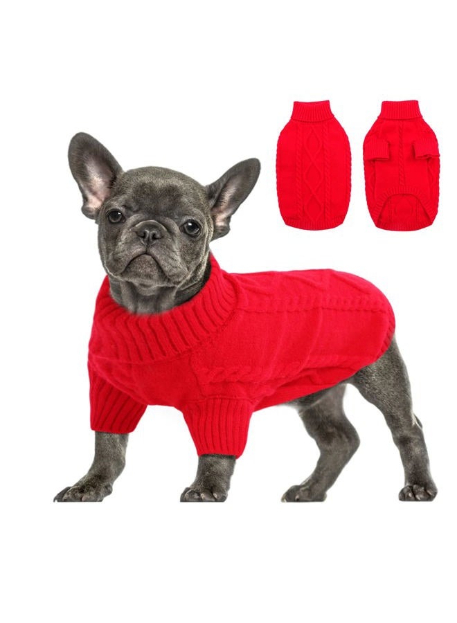 Queenmore Small Dog Pullover Sweater, Cold Weather Cable Knitwear, Classic Turtleneck Thick Warm Clothes for Chihuahua, Bulldog, Dachshund, Pug (Red, Large) - Image 1