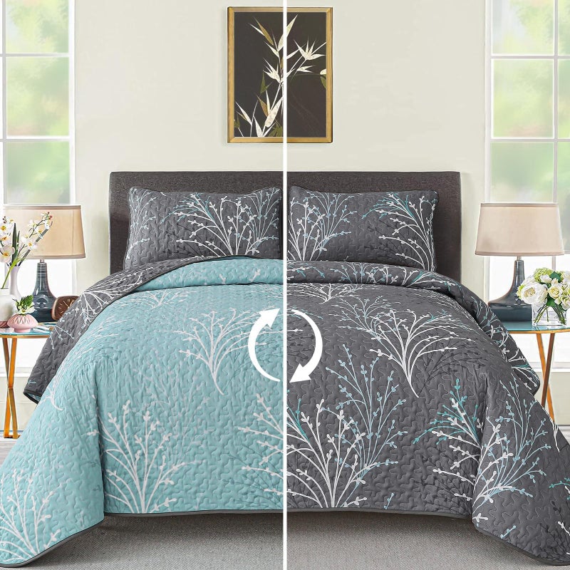 DJY King Size Quilt Set Grey Blue Reversible Bedspread Coverlet Set 3 Piece, Branch Floral Lightweight Microfiber Botanical Quilted Bedding Set with Pillowcases for All Season (110''x90'') - Image 1