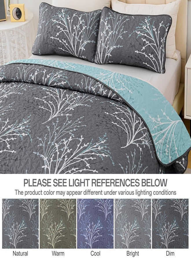 DJY King Size Quilt Set Grey Blue Reversible Bedspread Coverlet Set 3 Piece, Branch Floral Lightweight Microfiber Botanical Quilted Bedding Set with Pillowcases for All Season (110''x90'') - Image 5