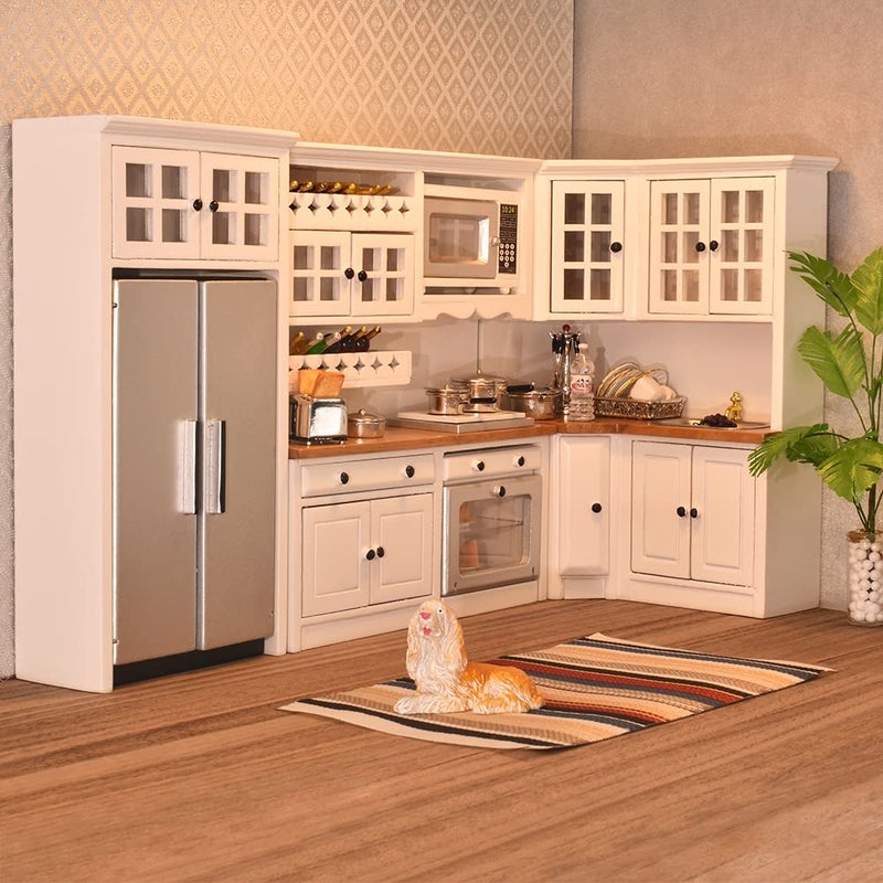 iLAND Dollhouse Kitchen Modern Dollhouse Furniture Set on 112 Scale Wooden White to Store Miniature Food - Image 2