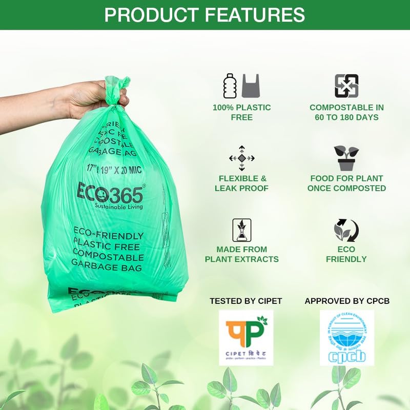 ECO365 Compostable Garbage Bags Pack of 3 Medium Size19x21 Inch EcoFriendly Biodegradable Dustbin Bags PlasticFree Bags for Kitchen Office and Home Waste Management - Image 3