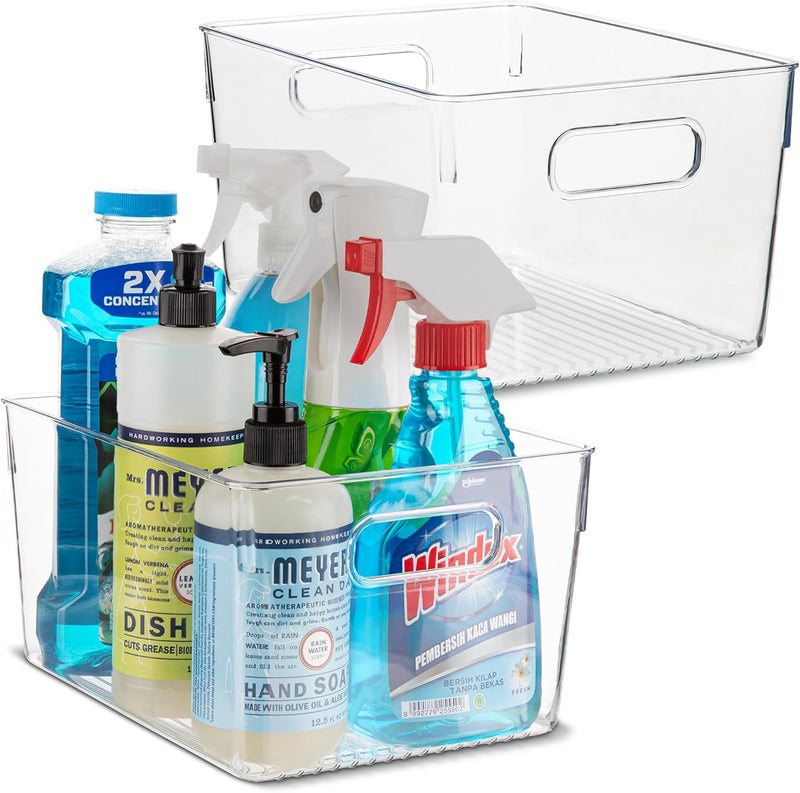 PrimeBox Plastic Food Storage 2 Pack Clear Container Bin with Handles for Organizing Kitchen, Pantry, Refrigerator, Freezer, Pantry, Cabinet, Closet, Bathroom. 10”x7.5”x5.3” - Image 1