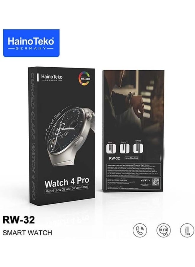 Haino Teko Germany Smart Watch 4 Pro RW-32 – AMOLED Curved Glass Display, Fitness Tracker with Heart Rate & SpO2 Monitor, Bluetooth Calling Smartwatch with 3 Interchangeable Straps for Men & Women