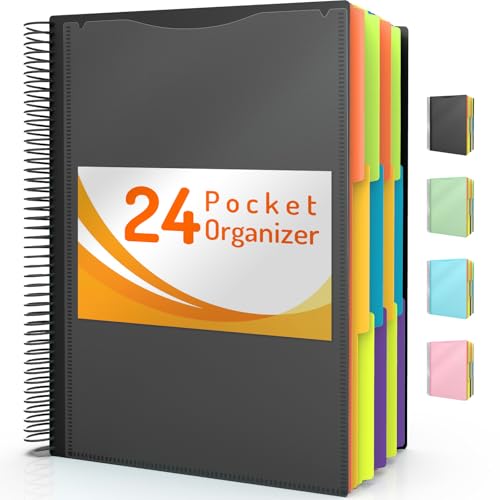 Forvencer 24 Pocket Project Organizer, 1/3-cut Tab Binder Organizer with Sticky Labels, Multi Pocket Folder with Zipper Pouch, Folder Binder Spiral Pocket Notebook, Office Supplies - Image 1