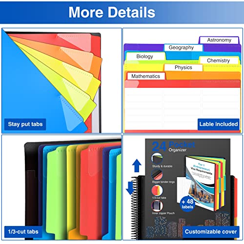 Forvencer 24 Pocket Project Organizer, 1/3-cut Tab Binder Organizer with Sticky Labels, Multi Pocket Folder with Zipper Pouch, Folder Binder Spiral Pocket Notebook, Office Supplies - Image 5