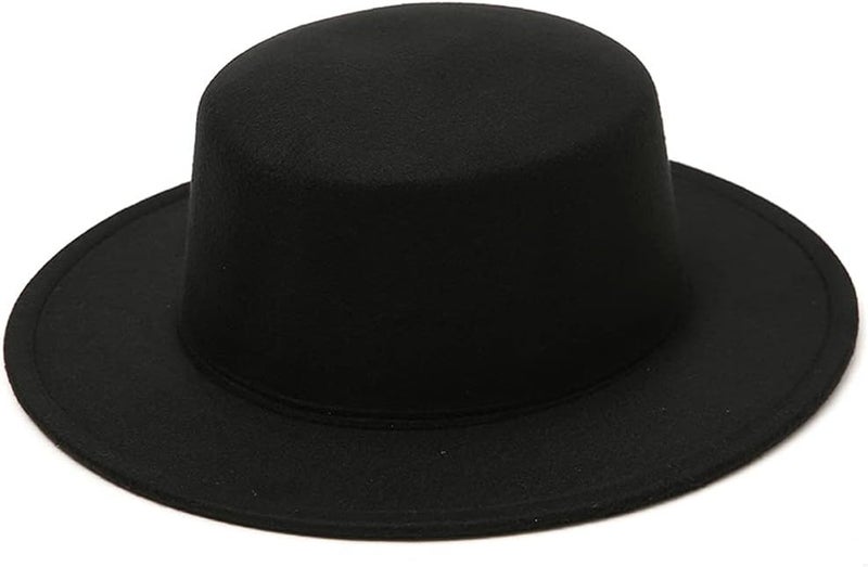 NaRaMax Classic Fashion Black Wide Brim Flat Top Fedora Panama Hat Felt Church Derby Cap Pork Pie Hat Jazz Hat - Image 1