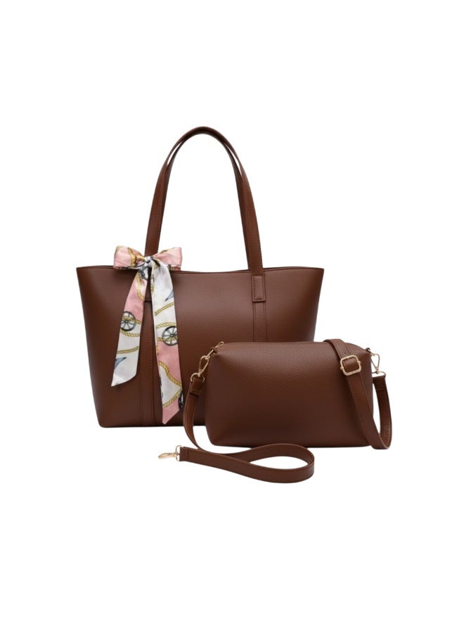 "KANAZ Elegant Women’s Tote Bag with Matching Crossbody Bag – 2-Piece Handbag Set, Large Shoulder Purse with Scarf Accent, Stylish Everyday Work Travel Bag for Women, Miu big shoulder "