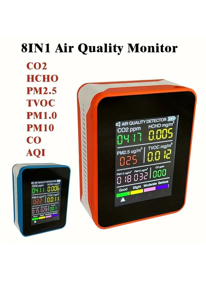 Blue 8in1 Air Quality Monitor PM2.5 PM10 PM1 0 HCHO TVOC AQI CO CO2 Rechargeable Battery LCD Display For Home Office Car Indoor Air Testing - Image 1