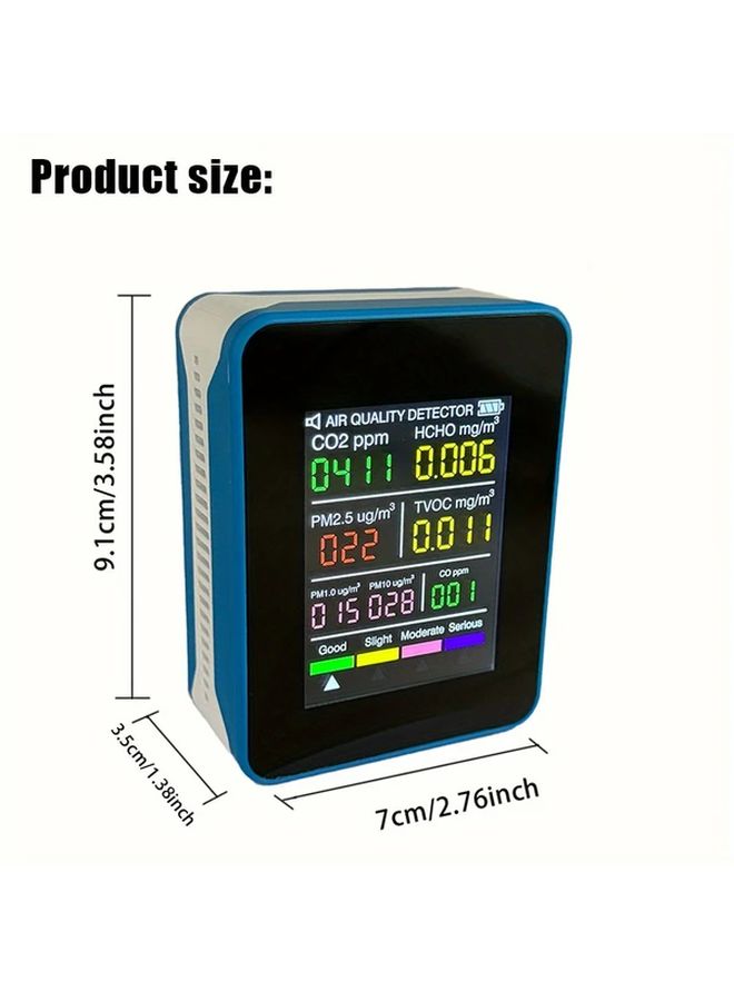 Blue 8in1 Air Quality Monitor PM2.5 PM10 PM1 0 HCHO TVOC AQI CO CO2 Rechargeable Battery LCD Display For Home Office Car Indoor Air Testing - Image 2