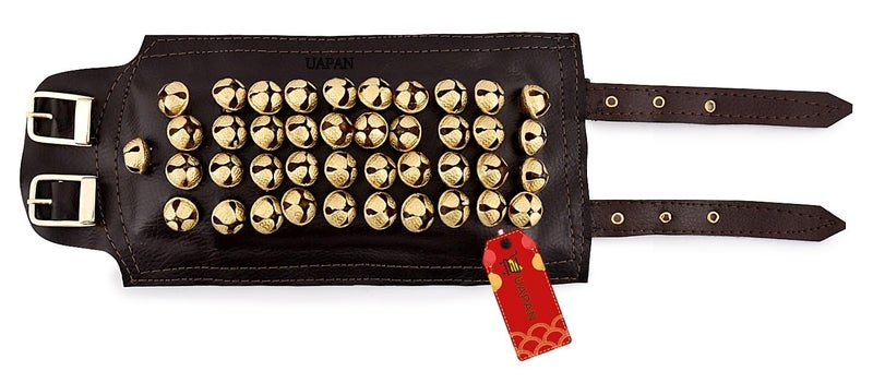 UAPAN 4 line Bells Leather Pad for Classical Bharatanatyam Kathak Dance with Adjustable Strap (Brown Leather, Belt) - Image 3