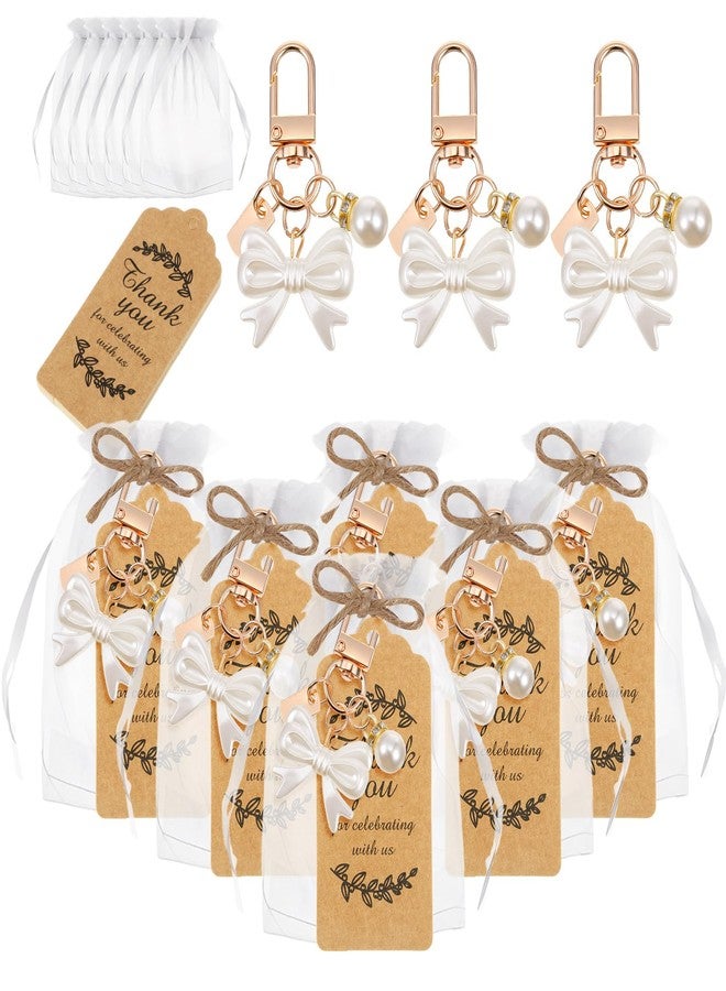 Ecation 20 Set Pearl Bow Keychain Party Favor Set Bow Purse Charm Present for Christmas Guest Baptism Bridal Shower Wedding(White) - Image 2