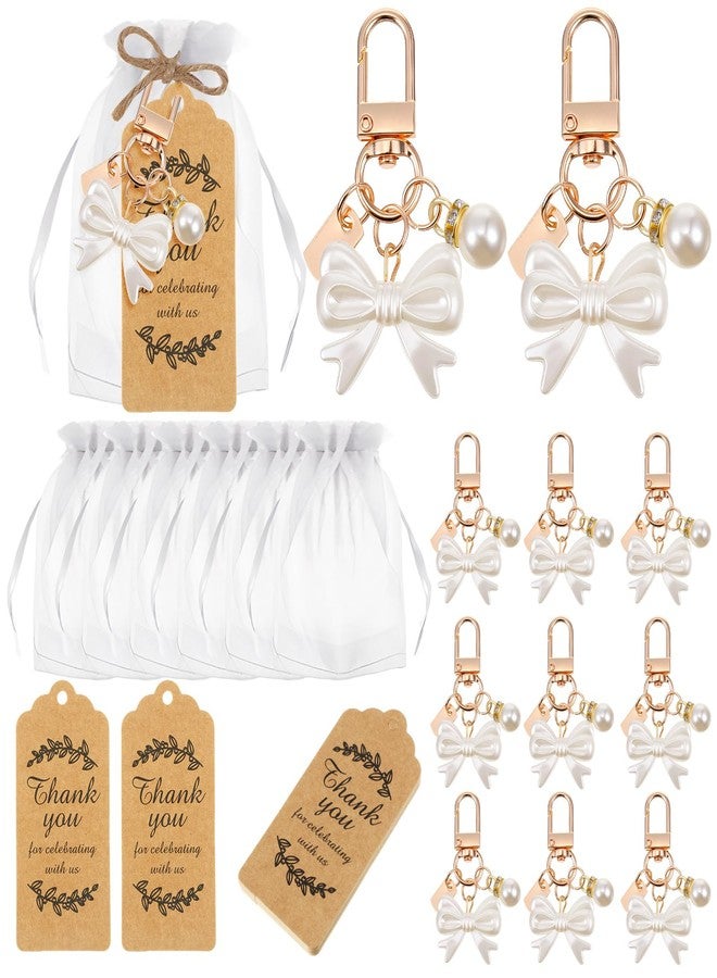 Ecation 20 Set Pearl Bow Keychain Party Favor Set Bow Purse Charm Present for Christmas Guest Baptism Bridal Shower Wedding(White) - Image 1
