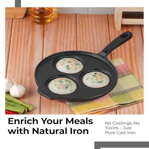 Lifelong Cast Iron Pan for Omelette, Pan Cake &, Cheela | 3 Pit Uthappam Tawa with Wooden Spatula | 26 cm | Induction & Gas Stove Compatible | Naturally Non-Stick | Teflon Free (LLCIUTM03) - Image 3