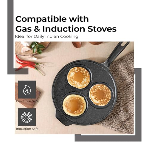 Lifelong Cast Iron Pan for Omelette, Pan Cake &, Cheela | 3 Pit Uthappam Tawa with Wooden Spatula | 26 cm | Induction & Gas Stove Compatible | Naturally Non-Stick | Teflon Free (LLCIUTM03) - Image 2