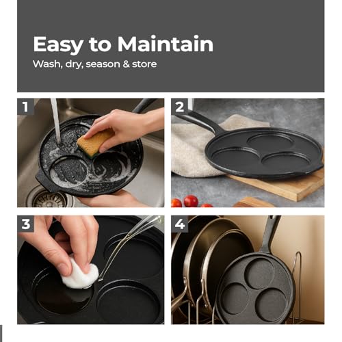 Lifelong Cast Iron Pan for Omelette, Pan Cake &, Cheela | 3 Pit Uthappam Tawa with Wooden Spatula | 26 cm | Induction & Gas Stove Compatible | Naturally Non-Stick | Teflon Free (LLCIUTM03) - Image 4