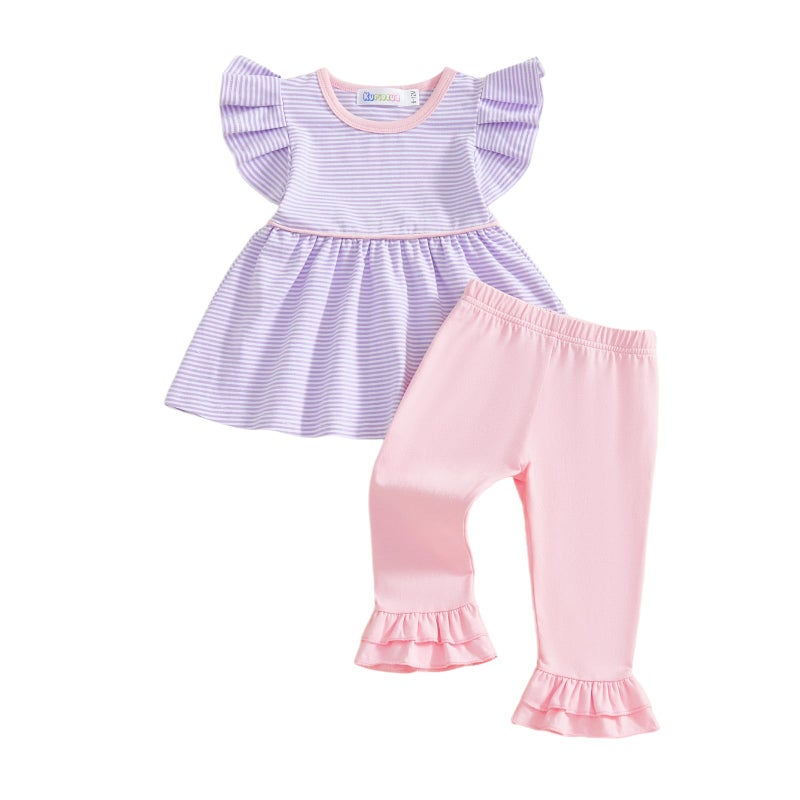 Kuriozud Toddler Baby Girl Clothes Sleeveless Shirts Tunic Top and Ruffle Pants Set 2 Piece Spring Summer Outfits (Striped Purple, 18-24 Months) - Image 1