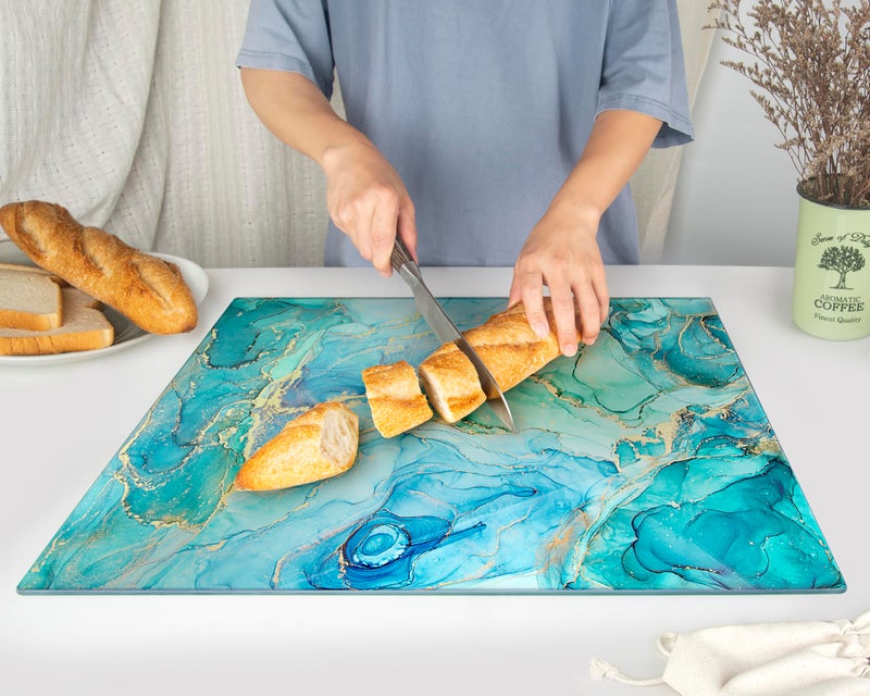 Kitchenville Glass Cutting Board 20”x16”: Tempered Glass Kitchen Counter Protector - Durable- Scratch-Resistant, Heat-Proof - Design 9 - Teal Ocean - Image 3
