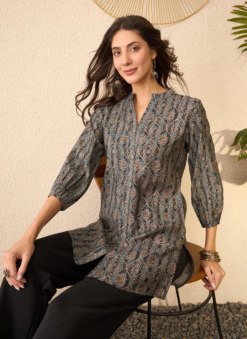 زيري سوق Grey Cotton Blend Ethnic Motifs Printed Tunic Only