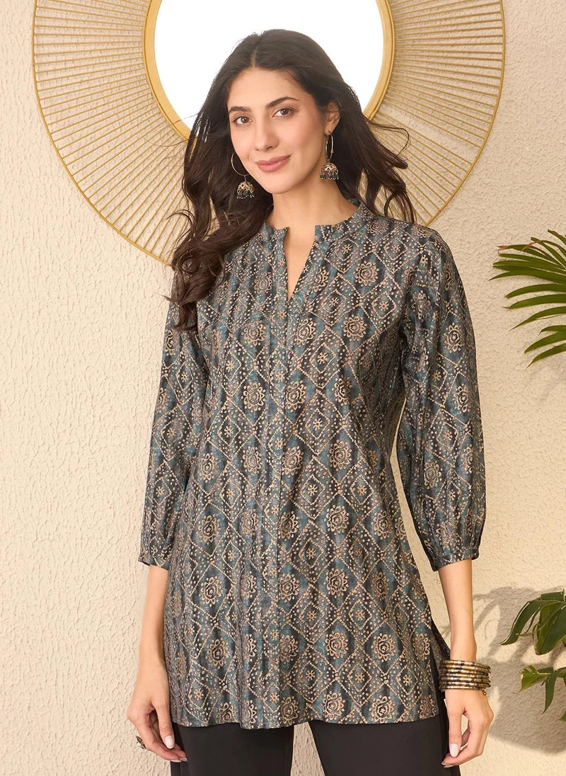 زيري سوق Grey Cotton Blend Ethnic Motifs Printed Tunic Only