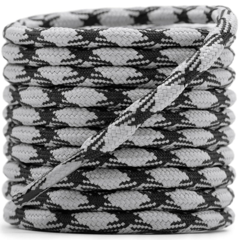 DELELE 2 Pair Round Wave Shape Non Slip Heavy Duty and Durable Outdoor Climbing Shoelaces Light Gray&Black Hiking Shoe Laces Shoestrings-47 inch - Image 1