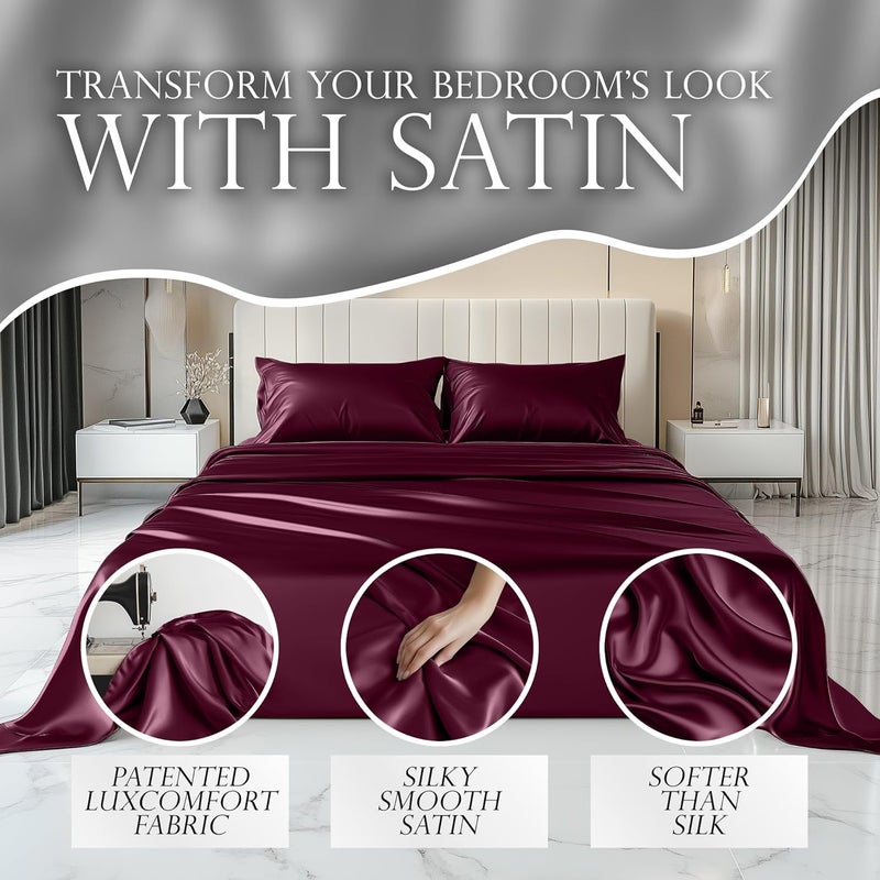 DECOLURE Satin Sheets Full Size Set 4 Pcs - Silky & Luxuriously Soft Satin Bed Sheets w/ 15inch Deep Pocket - Similar to Silk Sheets - Double Stitching, Wrinkle Free (Rosewood) - Image 2