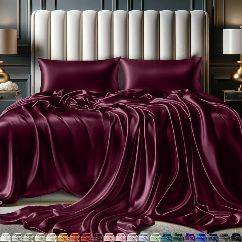 DECOLURE Satin Sheets Full Size Set 4 Pcs - Silky & Luxuriously Soft Satin Bed Sheets w/ 15inch Deep Pocket - Similar to Silk Sheets - Double Stitching, Wrinkle Free (Rosewood) - Image 1