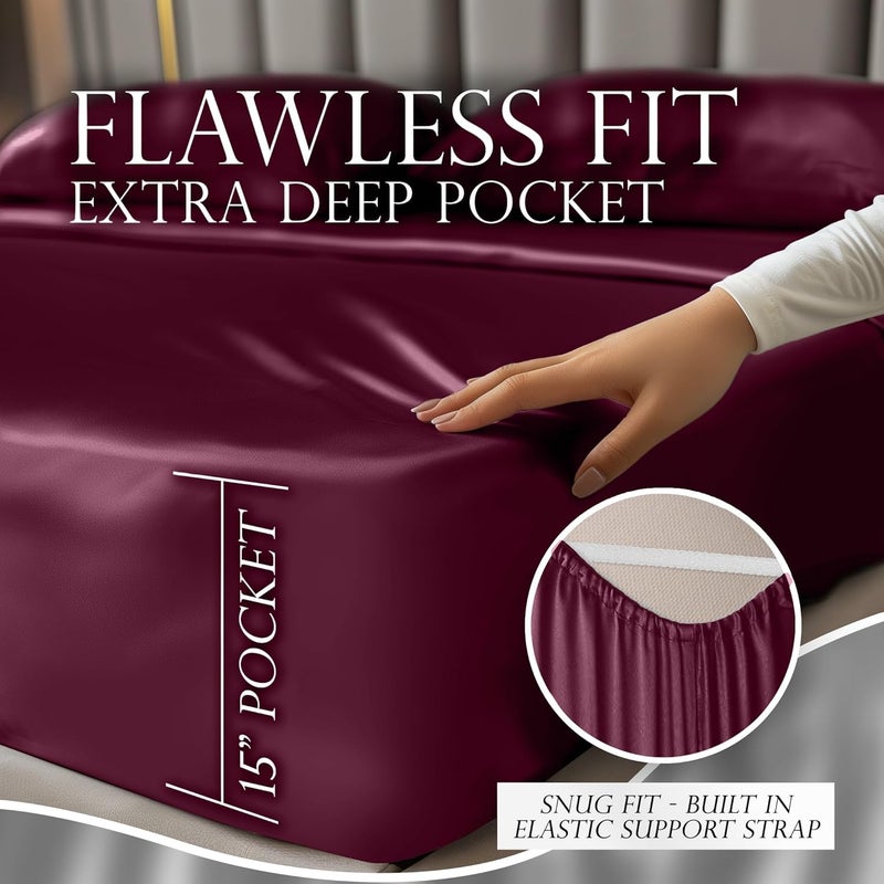 DECOLURE Satin Sheets Full Size Set 4 Pcs - Silky & Luxuriously Soft Satin Bed Sheets w/ 15inch Deep Pocket - Similar to Silk Sheets - Double Stitching, Wrinkle Free (Rosewood) - Image 4
