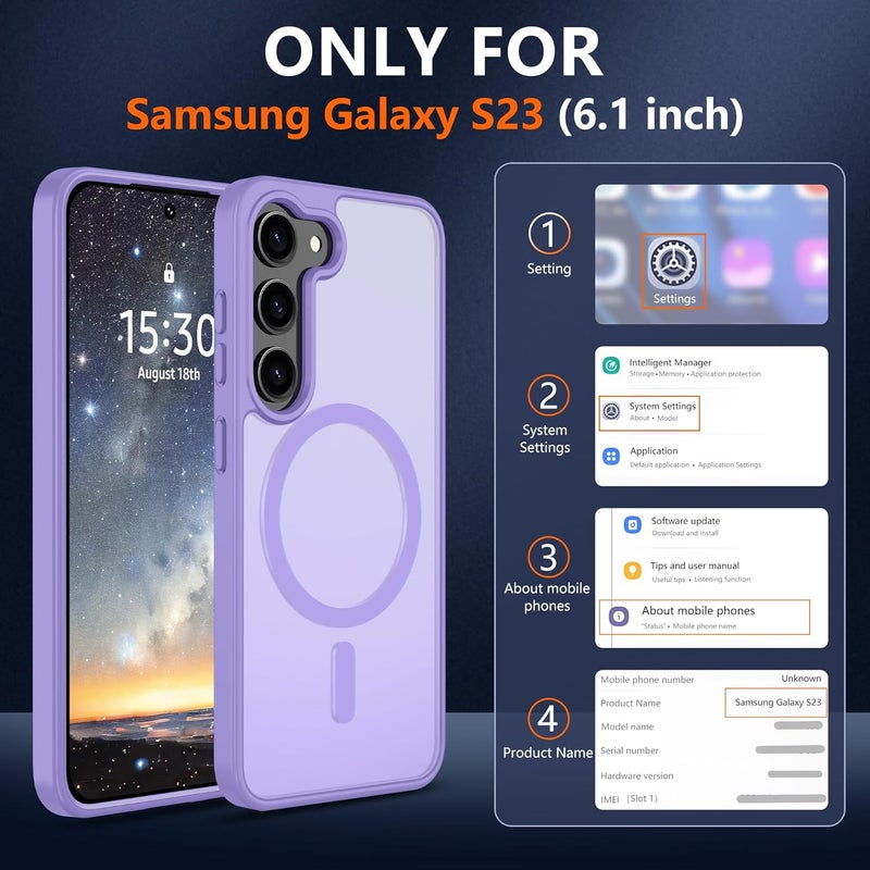 حافظة المغناطيسية لهاتف Samsung S23 [متوافقة مع تقنية MagSafe] | 2 طبقة حماية للشاشة | مقاومة للتصفر وبصمات الأصابع، مقاومة للصدمات، نسيج ناعم وشفاف يناسب شكل الهاتف - لون بنفسجي فاتح - Image 2
