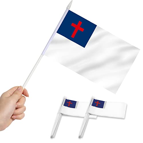 Anley Christian Mini Flag 12 Pack Hand Held Small Miniature Christian Flags on Stick Fade Resistant Vivid Colors 5x8 Inch with Solid Pole Spear Top - Image 1
