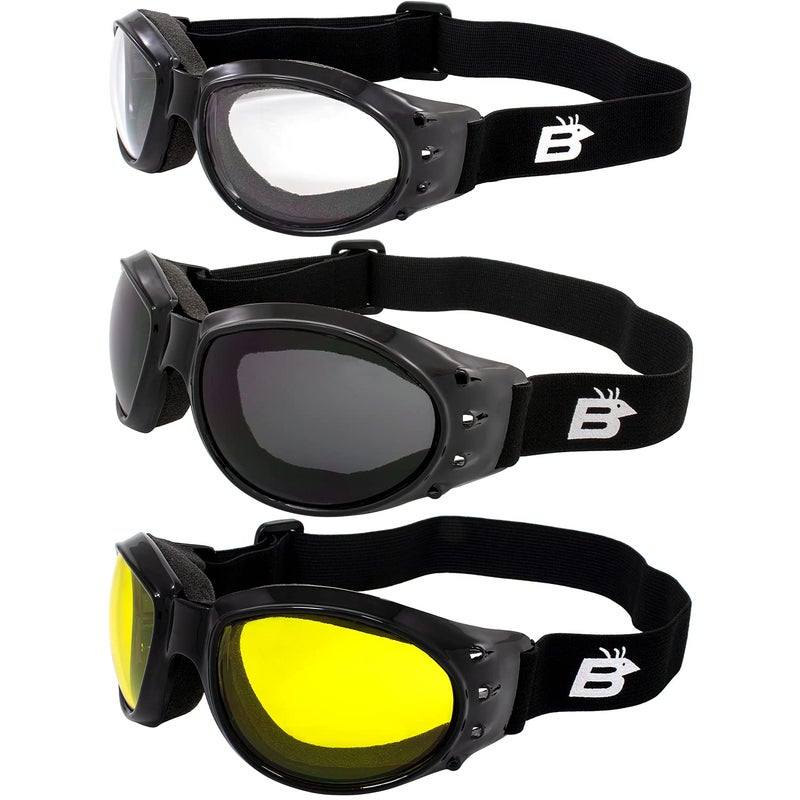 Birdz Eyewear Eagle Padded Motorcycle Goggles - 3 Pairs with Black Frames and Clear, Smoke, and Yellow Lenses for Day and Night Riding Comfort in All Weather Conditions - Image 1