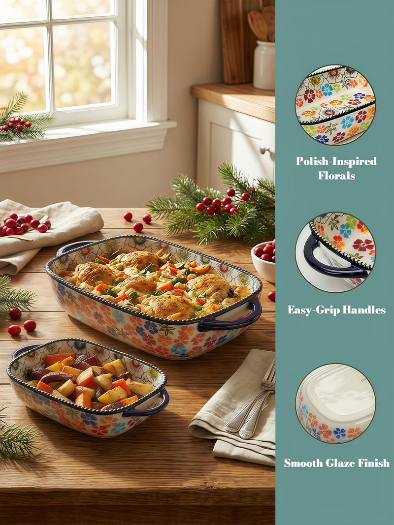 Moqidadii Polish Pottery Style Ceramic Baking Dish Set, 2-Piece Casserole Bakers for 2â€“3 People, Floral Decorative Bakeware, Oven Safe Lasagna Pan, Microwave Dishwasher Safe, Gift-Ready, Protective Packaging - Image 3