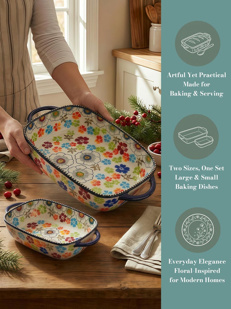 Moqidadii Polish Pottery Style Ceramic Baking Dish Set, 2-Piece Casserole Bakers for 2â€“3 People, Floral Decorative Bakeware, Oven Safe Lasagna Pan, Microwave Dishwasher Safe, Gift-Ready, Protective Packaging - Image 2